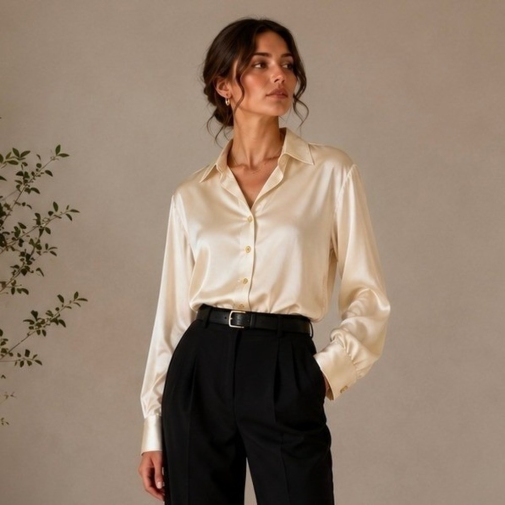 Paolo Santini Womens Silk Blouse 6 8 Ivory Gold Button Quiet Luxury Vintage